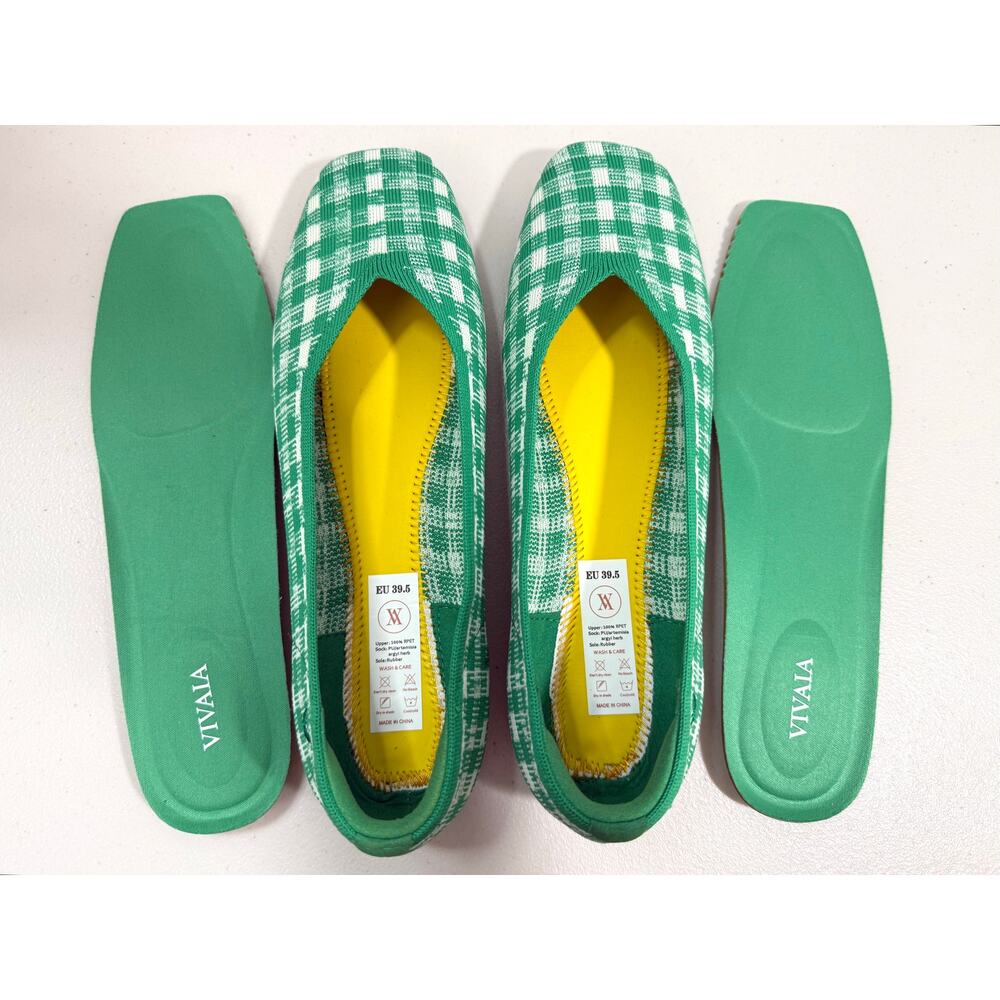 VIVAIA Square Toe V-Cut Knit Ballet Flats Green Gingham Women’s EU 39.5 US 8.5 - Picture 9 of 12